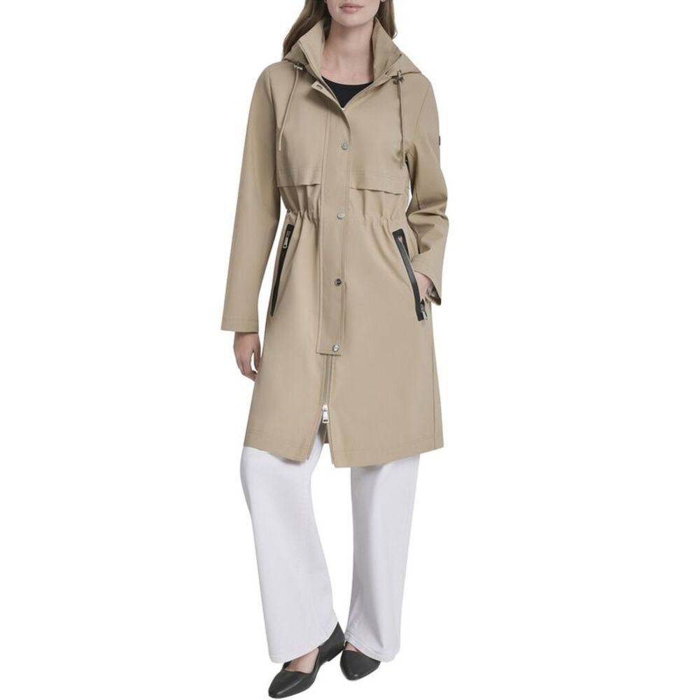 Dkny Womens  Cinch Waist Rain Jacket, Tan